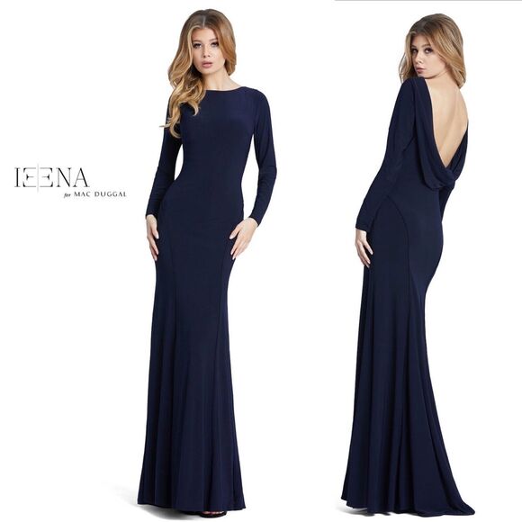 Ieena Mac Duggal Women 12 Dress Gown Navy Blue Long Sleeve Cowl Back Long Jersey